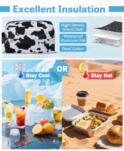 Small Insulated Lunch Bag: Reusable Small Lunch Box, Mini Soft Cooler Bag - color: Cow Print