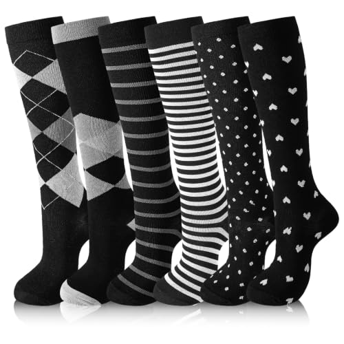 6 Pairs Compression Socks for Women Men - color: Black White Geometric