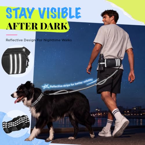 Hands Free Running Dog Leash with Storage Waist Belt, Shock-Absorbing Bungee Lead, Water Bottle Holder & Dual Handles for Walking, Hiking & Training Medium Large Dogs