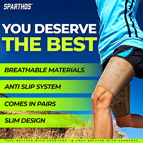 Sparthos Thigh Compression Sleeves, Quad Wrap, Hamstring Brace - Beige-S - color: Desert Beige