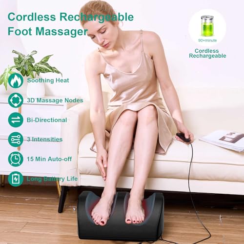 LINGTENG Rechargeable Cordless Foot Massager with Heat, Shiatsu Foot Massager with Cord Remote Control and Roller Massage, Portable for Home/Office Use, Dad Mom Gifts - It Won't Work While Charging - style: FM05