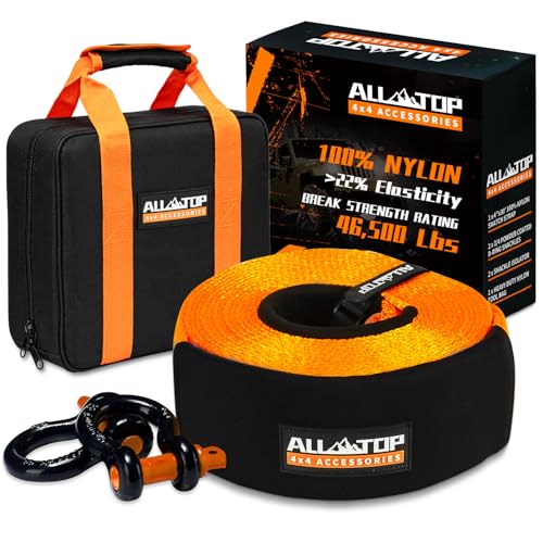 ALL-TOP Extreme Duty Tow Strap Recovery Kit: 4inch x 30ft (46,500lbs) 100% Nylon and 22% Elongation Snatch Strap + 3/4 Heavy Duty D Ring Shackles (2pcs) + Storage Bag - size: 4" x 30' Kit