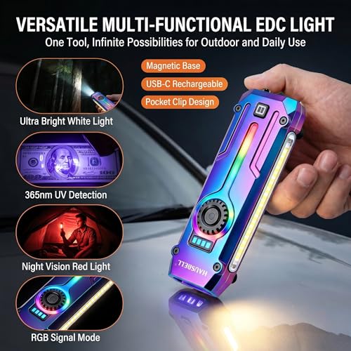 2PCS Flat EDC Rechargeable Tactical Flashlight UV Magnetic small Work light - color: Black+Iridescent