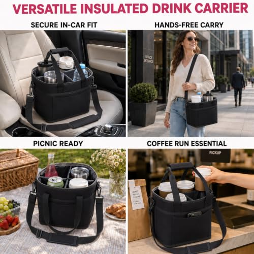 Structured Drink Carrier Bag, Family Size 4 Compartment Drink Bag - color: Deep Black