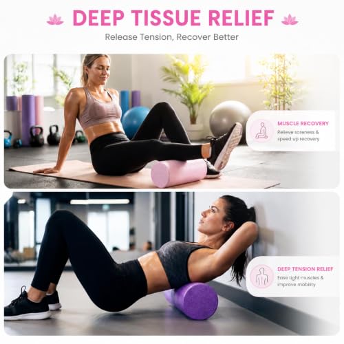 2 Pcs High-Density Epp Foam Roller 12"x6", Portable Round Roller with 2 Carry Bags for Pilates, Yoga, Muscle Recovery Set for Physical Recovery, Stretching, Legs, Back, Pink & Purple Roll
