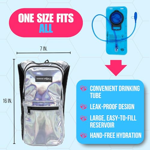 Kandies World Reflective Festival Hydration Pack - 2L Hydropack for Raves, Hiking, Biking, Running, and More (with Anti-Theft Pocket) - style: Silver Holographic