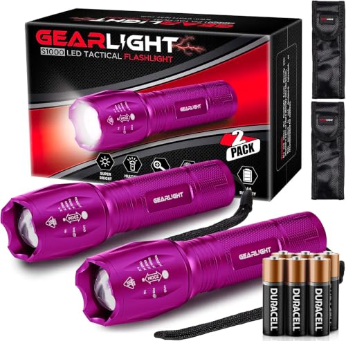 GearLight LED Flashlight High Lumens, Mini Tactical LED Flashlight 2 Pack, 5 Modes Zoomable Beam, Battery Powered for Camping, Hunting, Home & Emergency, Compact Small LED Flashlight (Purple) - color: Purple 2 Pack