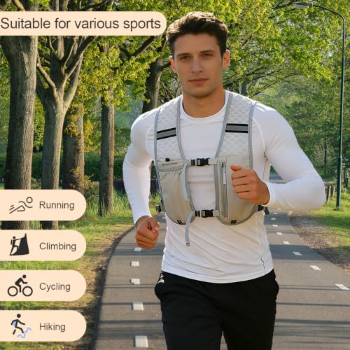 Running Vest Hydration Backpack for Men Women, Lightweight Breathable Hydration Packs, Adjustable Chest Straps Daypack, Reflective Water Running Vest for Marathon, Trail, Hiking, Cycling - color: Grey