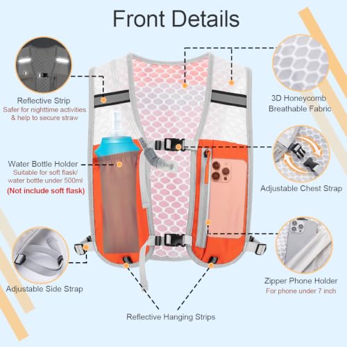 Running Vest Hydration Backpack for Men Women, Lightweight Breathable Hydration Packs, Adjustable Chest Straps Daypack, Reflective Water Running Vest for Marathon, Trail, Hiking, Cycling - color: Orange