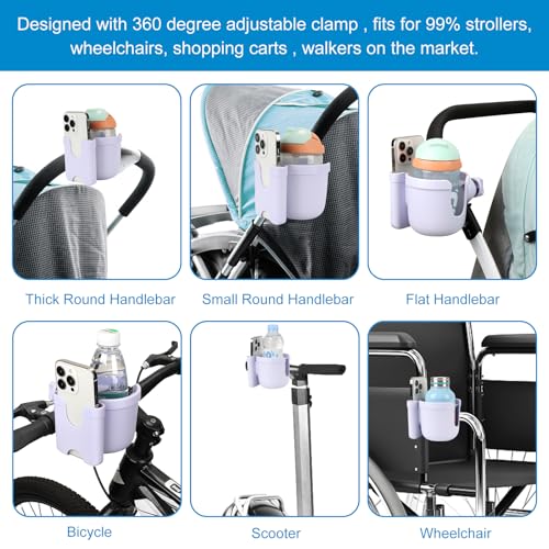 Accmor Stroller Cup Holder with Phone Holder, Bike Cup Holder, Walker Scooter Wheelchair Cup Holder Attachment, Universal Cup Holder for Uppababy Graco Strollers - color: All Orchid Purple