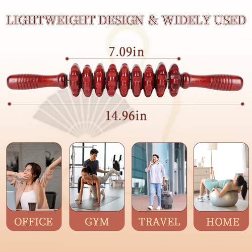Liitrton Manual Wooden Massage Roller Stick for Muscle Relief, Red - size: 9-Wheel-Red