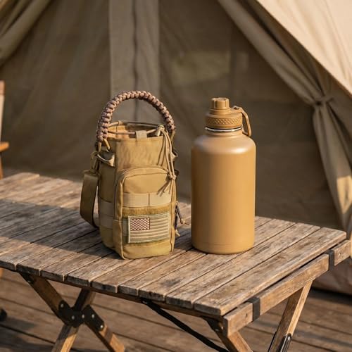 DEFUNX Half Gallon Water Bottle with Sleeve - 64 Oz Insulated Water Jug with Handle - Green Stainless Steel Sports Water Bottle for Gym Workout Hiking Tactical Bottle Holder with Pouch Khaki - color: Brown Bottle with Coyote Brown Sleeve, style: 64 Oz Wat