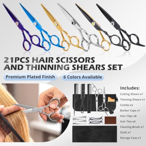 21Pcs 440C Hair Cutting Scissors Kit, Hair Scissors & Thinning Scissors Set - color: Silver