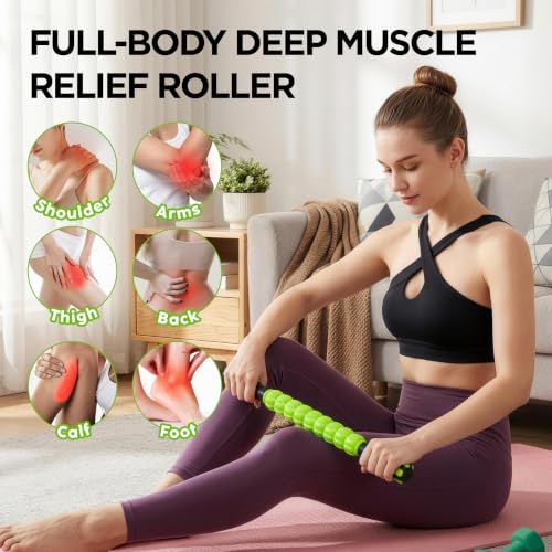 Muscle Roller & Massage Roller Stick for Athletes - Lymphatic Drainage Support, Relieves Muscle Soreness, Cramping & Tightness - Targets Legs, Arms, Back & Calves （Green） - color: Green Wheel