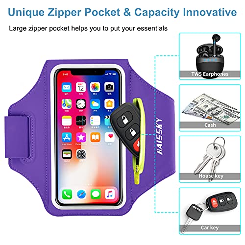 HAISSKY Running Armband with Zipper Pocket,Sweatproof Phone Armband 6.9" - color: Purple(Up to 6.9")