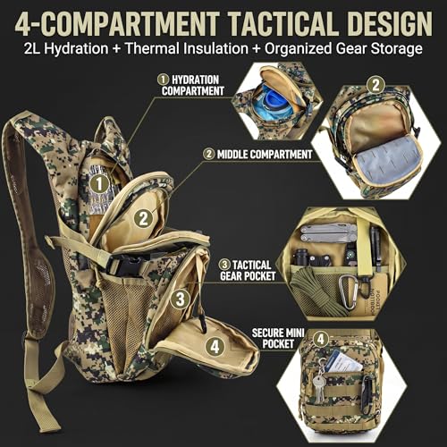 Tactical Hydration Backpack 2L Water Bladder - Lightweight Durable Pack for Hiking, Running, Outdoor Adventures, Adjustable Straps & Leak-Proof Design - color: Woodland Digital Camo