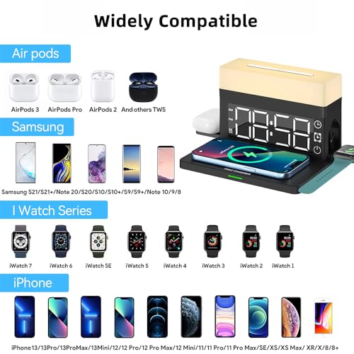 IHAO 6in1 Smart Alarm Clock with Wireless Charger RGB Mood Light 15W Fast Wireless Charging for All Qi Phone TWS Headphone Compliant with i-Watch 7 Color Night Light Large Digital Display-White - color: Multifunctional Alarm Clock White