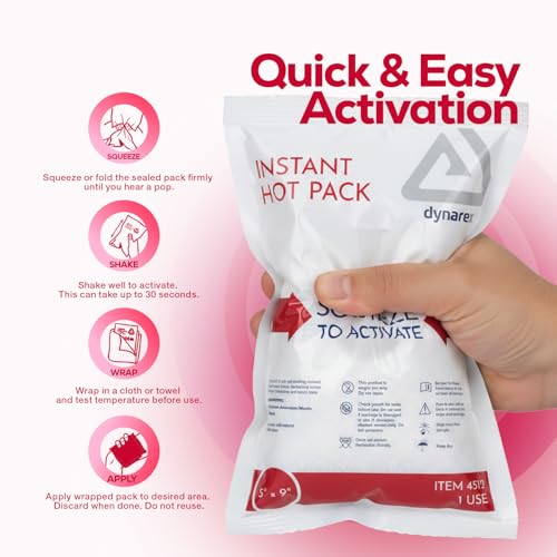 Dynarex Instant Hot Packs - Disposable Hot Compress for Muscles and Pain Relief - Lightweight and Conforms to Body Contours - Quick Activation - 5" x 9" - 24 Count