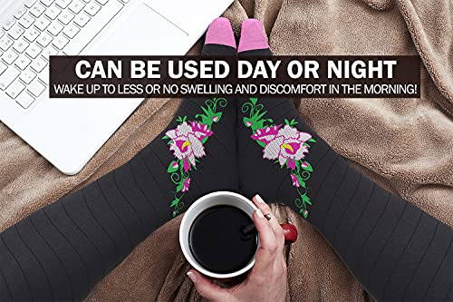 Physix Gear Compression Socks 20-30 mmHg - Men & Women - Running, Nurses, Shin Splints, Flight, Travel - color: Black/Pink Flower, size: Small-Medium