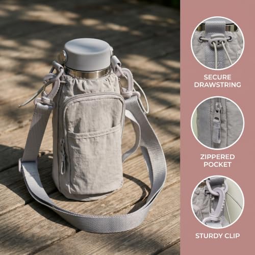 Bokelai Water Bottle Holder Bag with Strap Lightweight Crossbody Carrier Sling Bag for Hiking Camping Travelling Water Bottle Sleeve Gym Accessories - color: Light Grey