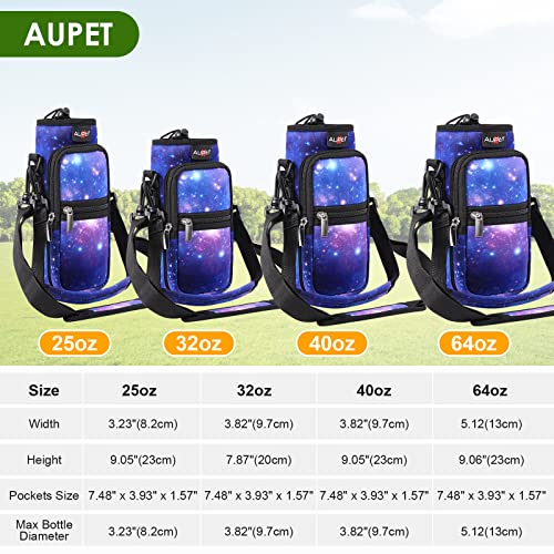 AUPET Water Bottle Sling Bag Sleeve Holder Carrier 25/32/40/64 oz,Insulated Crossbody Water Bottle Case Cover with Strap and Pockets for Men/Women Walking Hiking - color: purple starry sky, size: 64oz