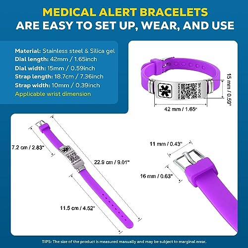 Medical Bracelets for Men Women with QR Code Medical Alert ID Bracelets - color: Violet Silver