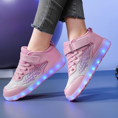 Kids Light up Shoes LED USB Charging Flashing High-top Wings Sneakers Boys Girls Trainers for Festivals Halloween Christmas New Year Party Great Gift - color: Pink White, size: 2.5 Little Kid
