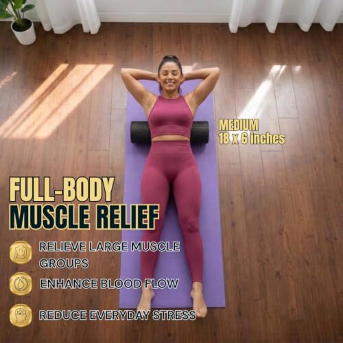 Foam Roller for Muscle Massage, Stiff Back Pain Relief, Physical Therapy, Deep Tissue, Exercise Equipment for Home Gym, Stress, Yoga, Pilates for the fit Citizen (Black, Medium 18 x 6 Inches) - size: Medium 18 x 6 Inch