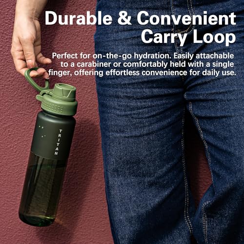 OLDLEY 32oz Water Bottle with Handle, BPA-Free Tritan Reusable Sports Water Bottle with Leak-Proof Dust Lid, Wide Mouth, Cup Holder Friendly, Half Frosted Clear Bottle for Gym,Travel,Work,Olive Green - color: Olive Green