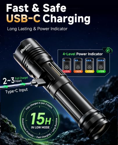 PHIXTON Super Bright Flashlight High Lumen 100000 USB C Rechargeable 2 Pack - size: 2 Pack