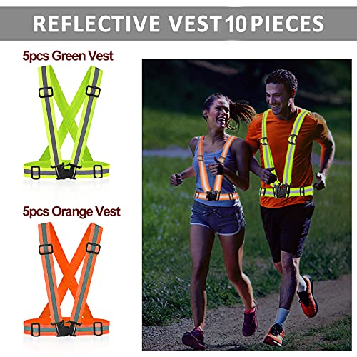 Reflective Vest - Running Vest Reflector, Reflective Running Vest with Safety Straps, High Visibility Reflector - color: F-10pcs Orange&green Vests