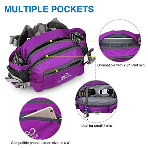 WATERFLY Fanny Pack Waist Bag: Fannie Pack 2 Water Bottle Holders Lumbar Belt Hiking Walking Running Jogging Camping Large Woman Man (Bottle Not Included) - color: Purple