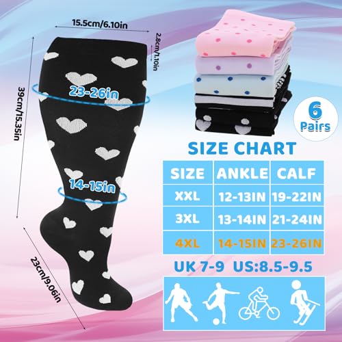Jspupifip 6 Pairs Plus Size Compression Socks for Women, Wide Calf - color: Black, White, Pink, size: XX-Large