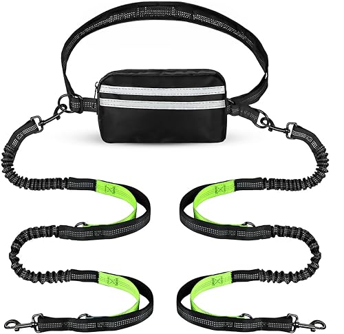 Hands Free Dog Leash 2 Dogs with Padded Handles and Zipper Pouch for Treats