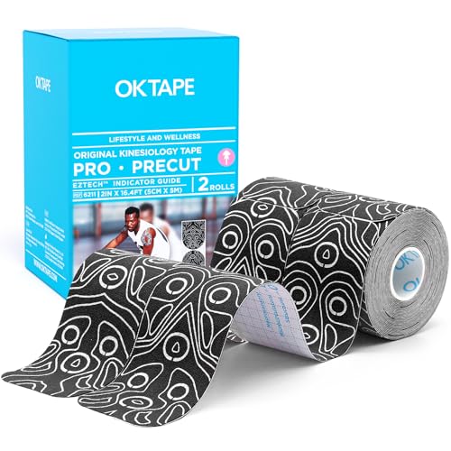OK TAPE Kinesiology Tape PRO Pre-Cut Latex Free Strips 2in x 16.4ft 2Rolls - color: Black+white