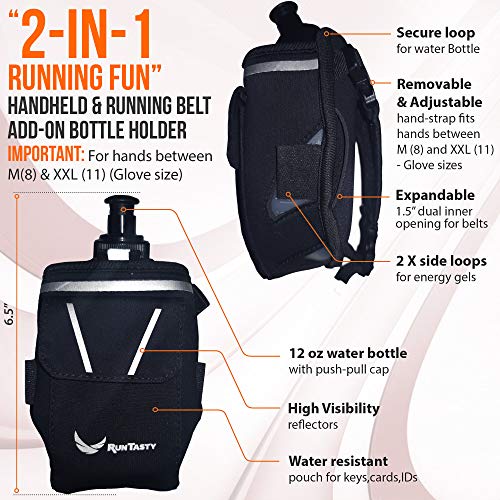 Runtasty Hydration Bundle – Running Belt w/ 2 Bottles + 2-in-1 Handheld 12 oz Bottle & Belt Add-On + Push-Pull Replacement Lids – Waterproof Pockets, Touchscreen Cover, No-Bounce Design