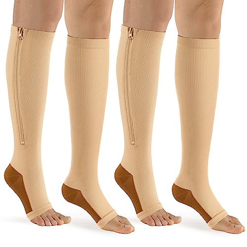 bropite Zipper Compression Socks Women & Men - 2Pairs Calf Knee High 15-20mmHg Open Toe Compression Stocking suit for Walking - color: Beige Copper Open Toe, size: Small-Medium