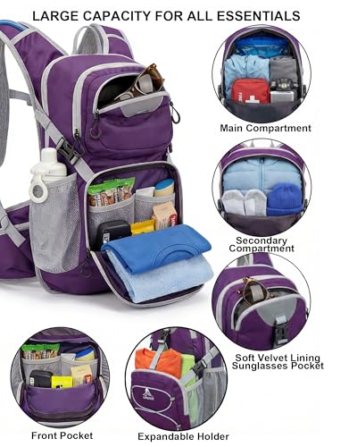 VPBAGE Hydration Backpack with 2L Bladder – Thermal Insulated Water Pack for Hiking, Skiing, Running – Lightweight Daypack for Men & Women, Soft-Lined Sunglasses Pocket & Large Waist Pockets - color: Dark Purple