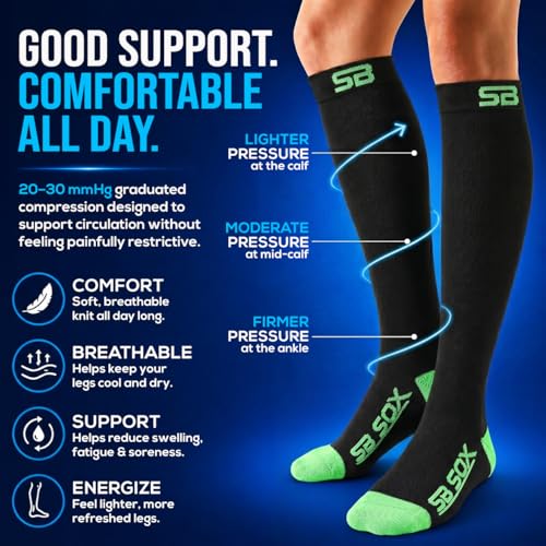 SB SOX Compression Socks for Men & Women (20-30mmHg) - color: Black/Green, size: Medium
