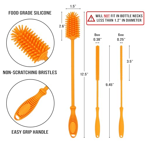 Kitchiny Silicone Bottle Brush 12.5 inch with 2 Straw Cleaners – Orange - color: Orange
