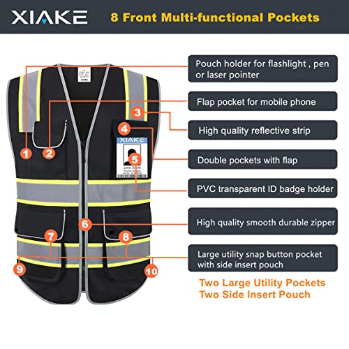 XIAKE Reflective Safety Vest for Men & Women High Visibility Class 2 Vest with Pockets Meets ANSI Standards - color: Black Yellow Trim, size: Medium