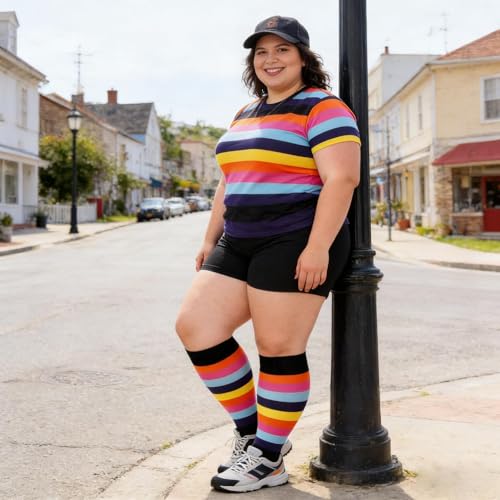 Abodhu Plus Size Compression Socks Open Toe Compression for Women& Men 15-20mmHg Wide Calf Knee High Toeless Compression Sock - color: Rainbow Stripes, size: X-Large-XX-Large