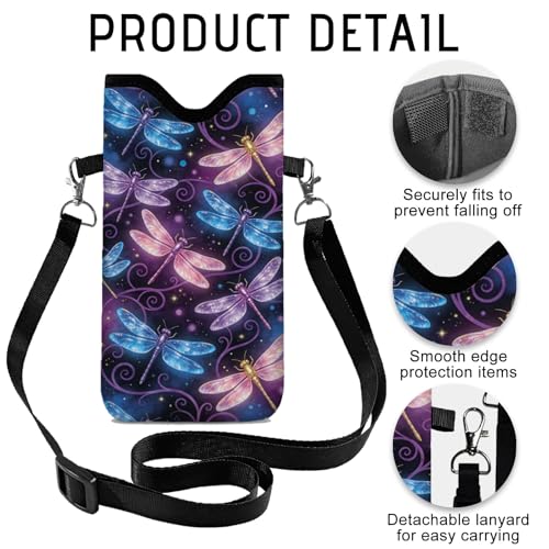 GLOBLELAND Dragonfly Nylon Cell Phone Sleeve Pouch Case Bag 7.1×3.9 inch Insect Shockproof Universal Phone Bag with Crossbody Strap Neck Lanyard for Women Men Phone Headphones Watch Multicolor - color: Dragonfly