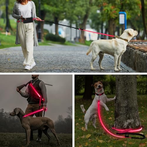 Light Up Waist Leash for Dog Walking, Hands Free LED Dog Leash with Light - color: Pink