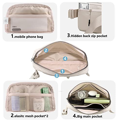 Fanny Belt Bag Waist Pack Crossbody Bags Bum Bag for Running Hiking Travel Workout Adjustable Strap for Women -beige - color: beige
