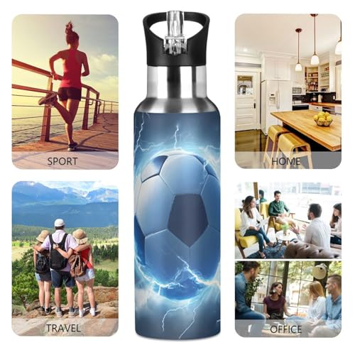 OTVEE Soccer Blue Lightning Water Bottle Sports Water Bottle Insulated Stainless Steel Hot Cold Water Mug with Straw Lid & Handle for Sports Gym 20 oz - color: Soccer Blue Lightning