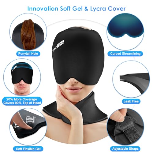 ComfiTECH Cold Cap and Neck Ice Pack Wrap Gel Combo, Care Package for Head and Cervical, Medium - size: Medium, style: Black