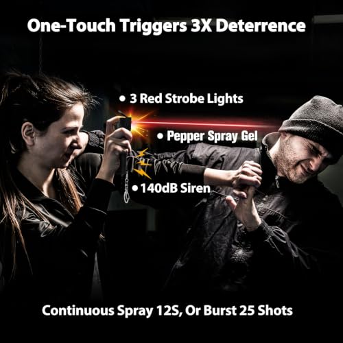 3-in-1 Pepper Spray Personal Alarm, 0.5oz 12ft UV Marking Dye Gel, 140dB Siren Red Strobe, Quick Accurate Aiming, Rechargeable Self Defense Safety Keychain, Refill Cartridge, Women Men College Student - color: Black