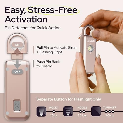 Personal Safety Alarm Keychain for Women, 130dB Siren, LED Strobe, USB-C - color: Metallic Rose