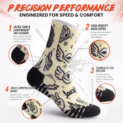 NIcool Cycling Socks For Men, 1/3 Pairs Bright Seamless Compression Running Crew Socks Youth Cushioned Tennis Quarter Socks - color: 1 Pair Ivory/Black Doodle